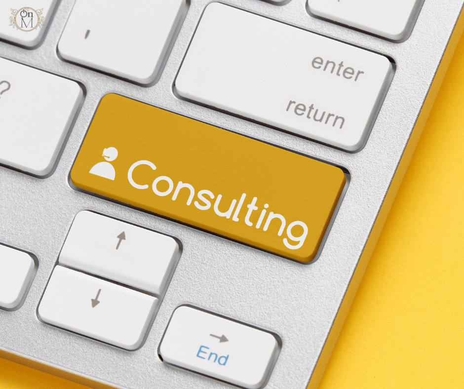 Accueil On M Consulting libère temps TPE PME bureau virtuel premium distance. Services : traduction it-fr docs commerciaux, RS performants, supports Canva (kakemono cartes visite), devis factures prospects, mails export SAV.